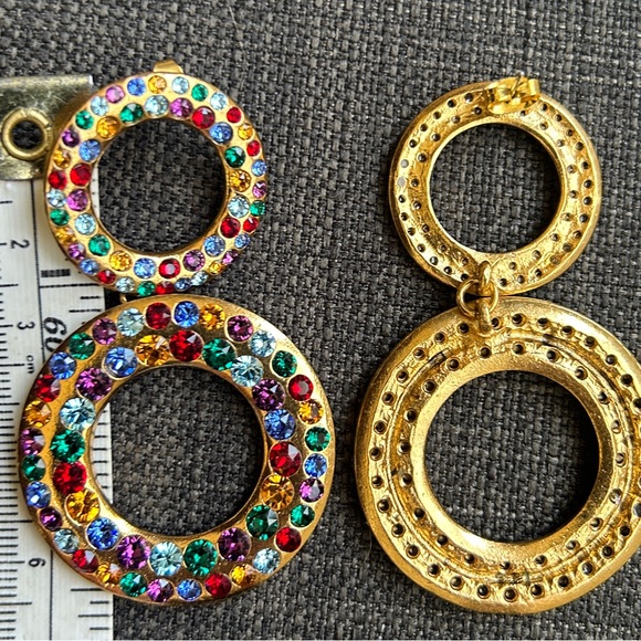 Multi Color Sparkly Rhinestone Dangle Earrings Rose Gold Tone Jewel Tones Runway - Picture 5 of 9